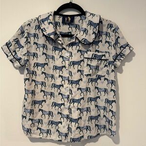 Ronner Design Equestrian Horse Short Sleeve Pajama Top Womens Size Medium Blue
